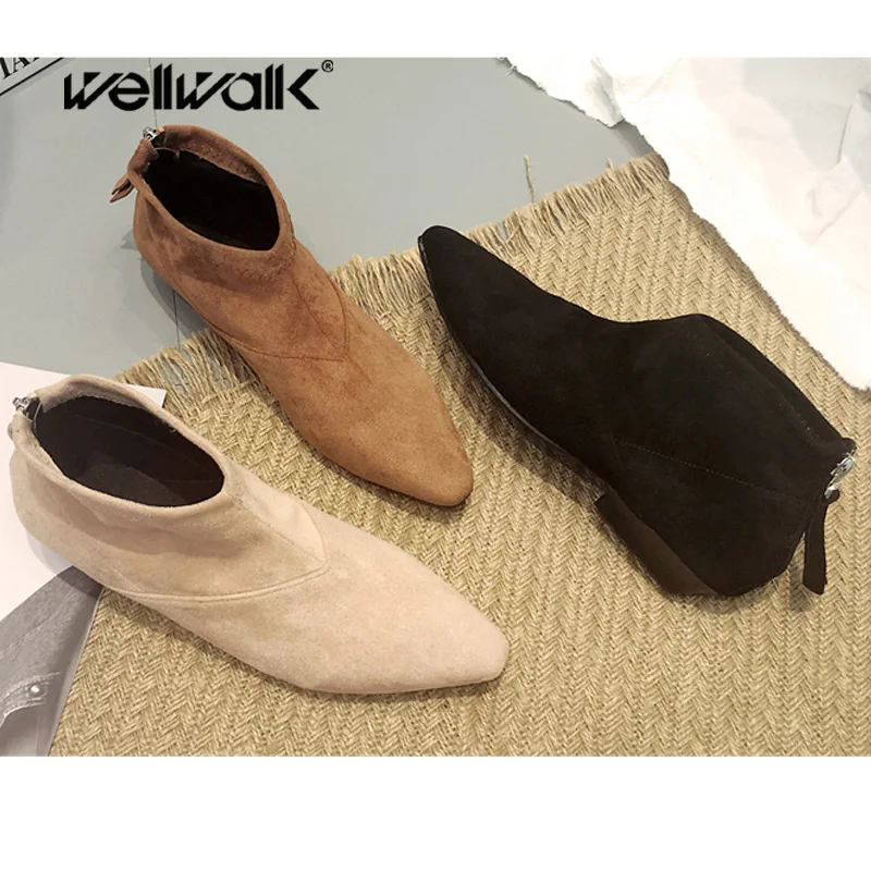 

Wellwalk Chelsea Women Boots Black Ankle Booties 2018 Women Pointed Toe Shoes Ladies Boots Australia Low Heel Suede Botas Mujer