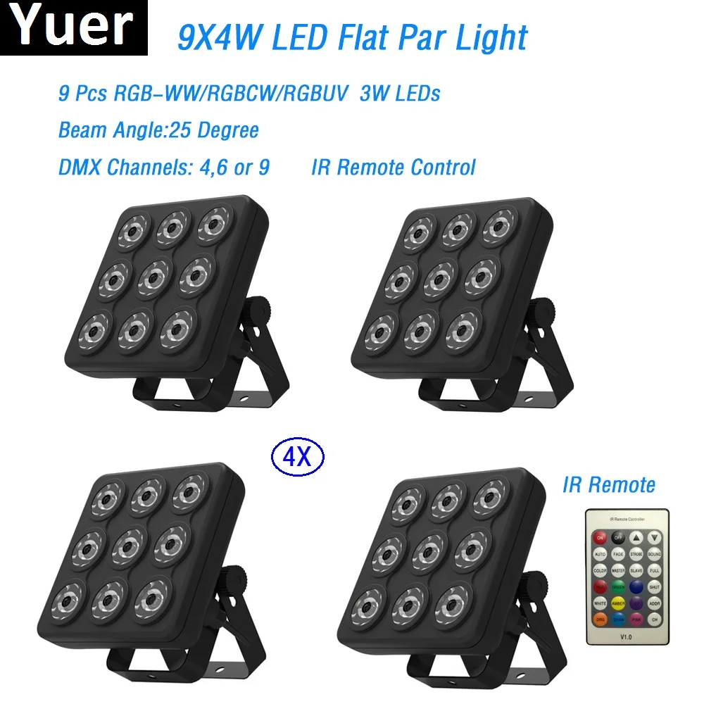 

4Pcs/Lot Led Show Panel Flat Par Light 9X4W RGBWW/RGBCW DMX512 Stage Effect Lights Business For Party Wedding DJ Disco Lights