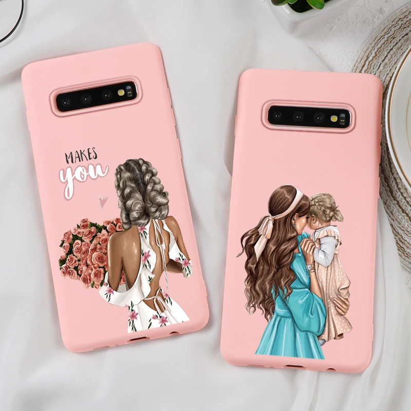 

Brown Hair Baby Mom Girl For Samsung Galaxy S8 S10 S9 Plus A70 A50 A30 A40 S7 S6 Edge A9 A8 A6 Plus A7 2018 Case Pink TPU Fundas