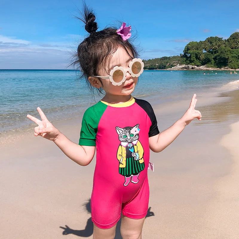 Summer Cartoon Printed Girls Swimsuit Children Sets With Hat For 75-125cm