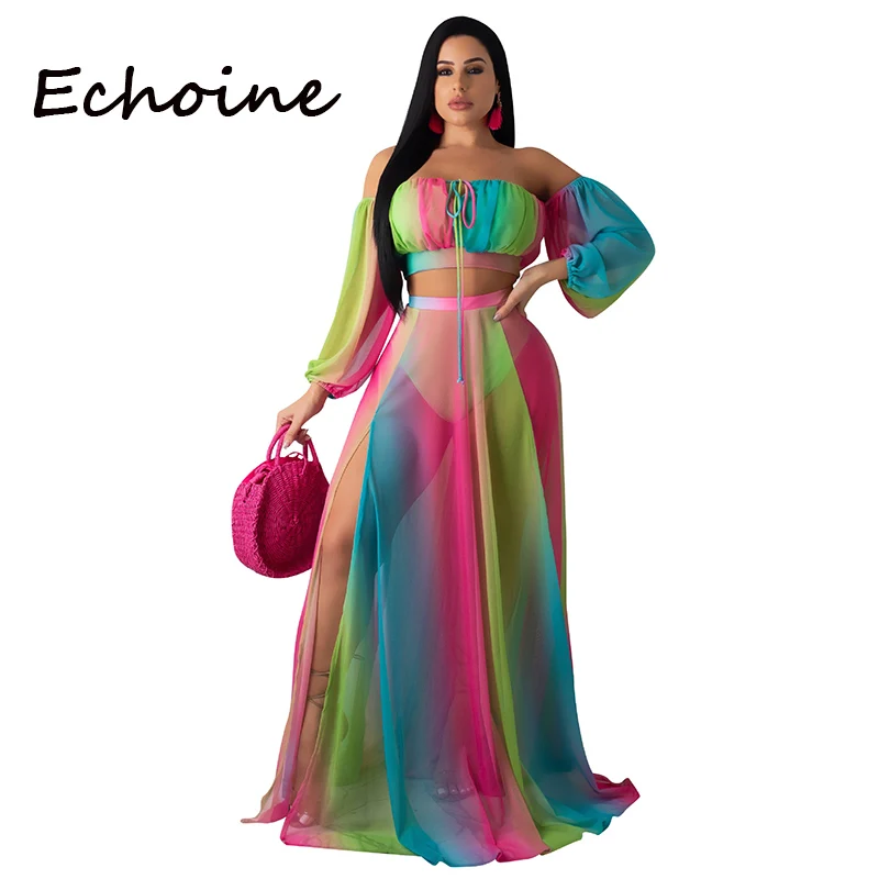 

Echoine Sexy Sheer Mesh Colorful Tracksuit Women Skirt Set High Spilt Crop Top + Long Dress 3 Piece Outfits For Women