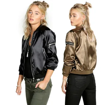 

2017 Sexy Black Silver Zipper Satin Bomber Jacket Women Basic Coats Ladies Winter Coat Top Long Sleeve Wrap Surcoat Outwear New