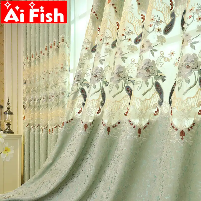 Embroidered Luxury European Style Curtains For Living Room Green