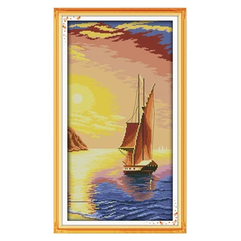 

Joy Sunday crossstitch Twilight sail ship scenic DMC14CT11CTcottonfabric livingroom dininghall restaurant home hotel painting