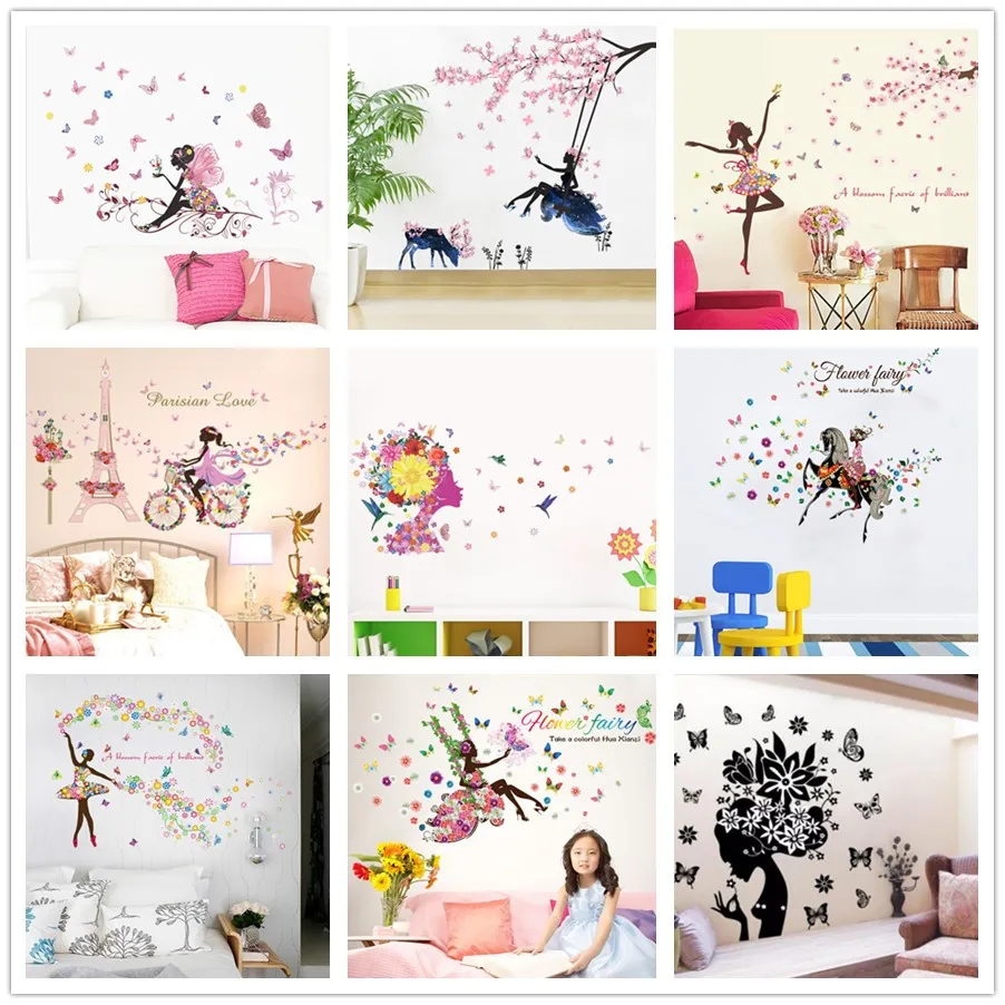 Diy Romantic Flower Fairy Swing Butterfly Wall Stickers Kids Room