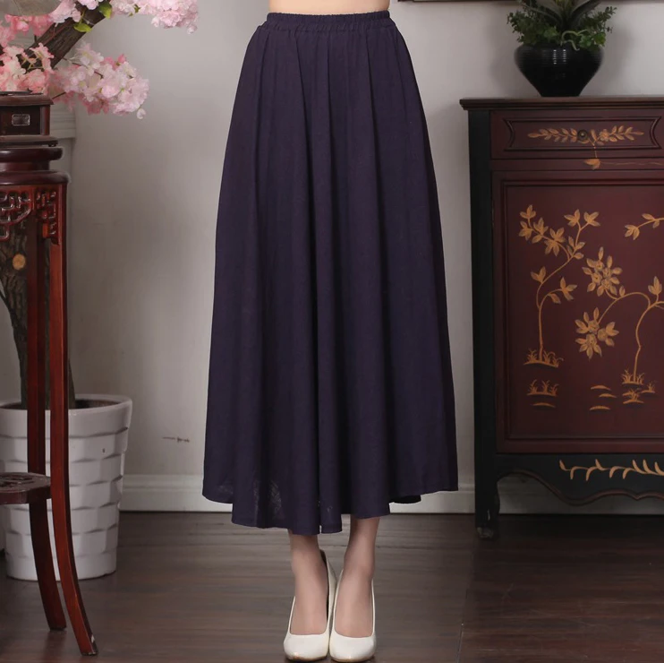Ankle Length Women Cotton Linen Skirt Spring Autumn Long Pleated Skirt