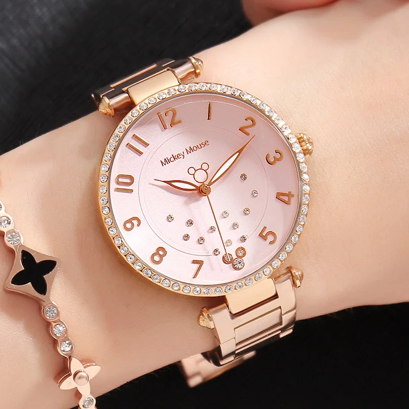 

Disney Woman Watches Rose Gold Stainless Steel Luxury Diamond 100% Genuine Disney Brand Mickey Mouse Quarter 30m Waterproof