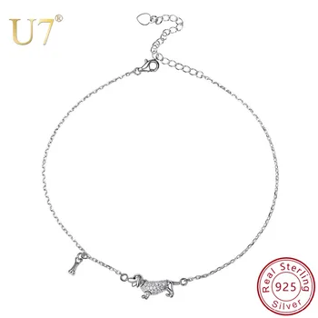

U7 Animal Anklets Chain 925 Sterling Silver Dog & Bone Bracelet With Clear CZ Barefoot Anklet Foot Jewelry for Women Girls A332