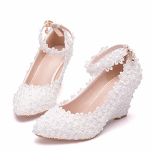 Women Wedges High Heels White Lace Flowers Pearl Bowtie Pumps Shoes Wedding Dress Shoes Party Fashion Woman Shoes XY-A0302 Women Wedges High Heels White Lace Flowers Pearl Bowtie Pumps Shoes Wedding Dress Shoes Party Fashion Woman Shoes XY-A0302