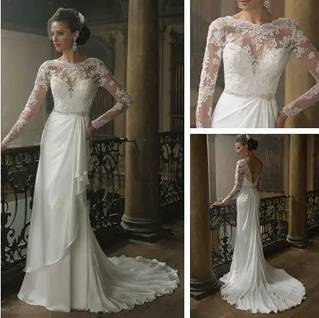 Long Sleeve Lace Wedding Dress Low Back V Shape with Beading Belt-in Wedding Dresses from