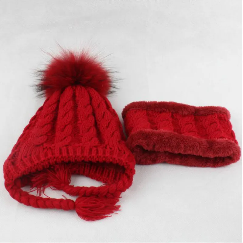 Детский комплект из шарфа и шапки, зимняя шапка с помпоном из натурального меха, теплая шапка для детей, для мальчиков и девочек, милый комплект с косичками и ушками
