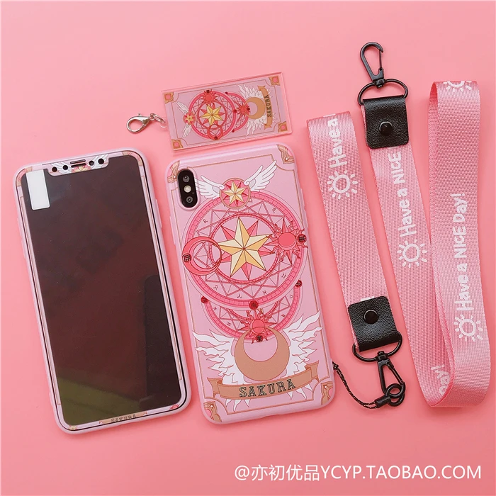 

For iphone XR XS Max Cardcaptor Sakura Case +Tempered Glass Screen film for iphone X XS 7 8plus 6S plus Cover+Straps