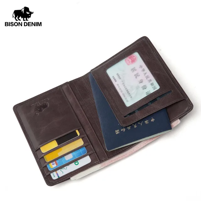 bison denim men purse genuine leather passport cover coin pocket id denim business cards