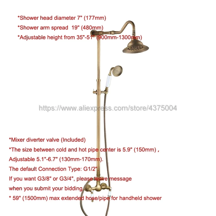 Antique Brass Bathroom Rainfall Shower Faucets Set Double Handle Mixer Tap Wall Mounted Bath Showers Sets Nan510