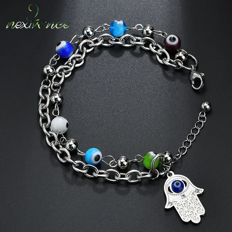 

Nextvance Hamsa Hand Evil Eye Pendant Bracelets Blue Eye Fatima Beads Chain Bracelet for Women Men Jewelry Double Layer