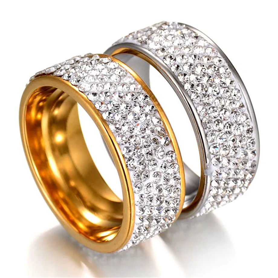 В стиле «хип-хоп» Полный Стразы Bling льдом обручальные кольца золото Цвет Титан Нержавеющая сталь кольца для Для мужчин Для женщин ювелирных изделий
