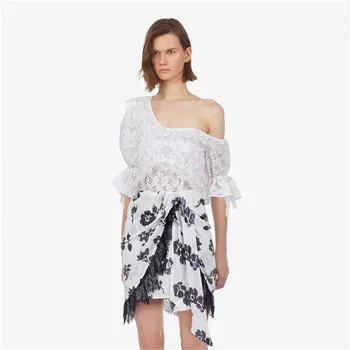 

CHICATWILL Sweet Ruffles Cutout Lace Tops Blouse Women Sequins Floral Bow Irregular Skirts Ladies Clothes