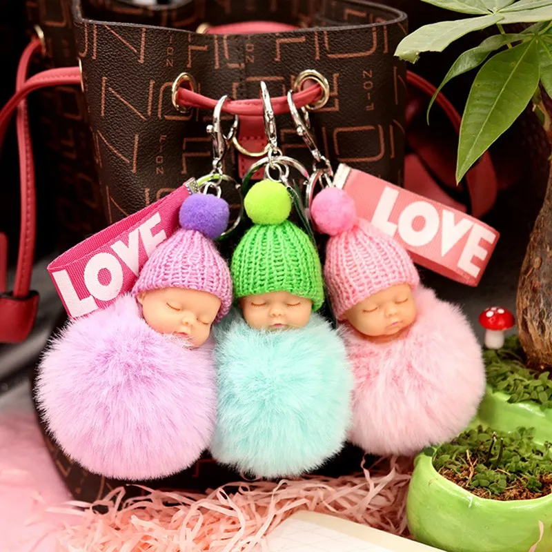 

Cute Sleeping Baby Doll Keychain Pompom Rabbit Fur Ball Car Keyring Baby Toy Key Chain Women Key Holder Bag Pendant Jewelry