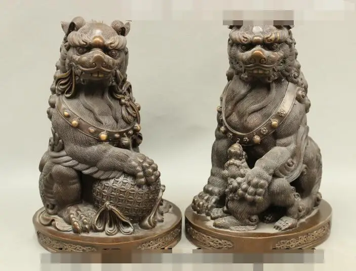 

S05902 FengShui Chinese Bronze Folk Wealth JiXiang Guard Fu Foo Dog Lion Statue Pair discount 30% (C0324)