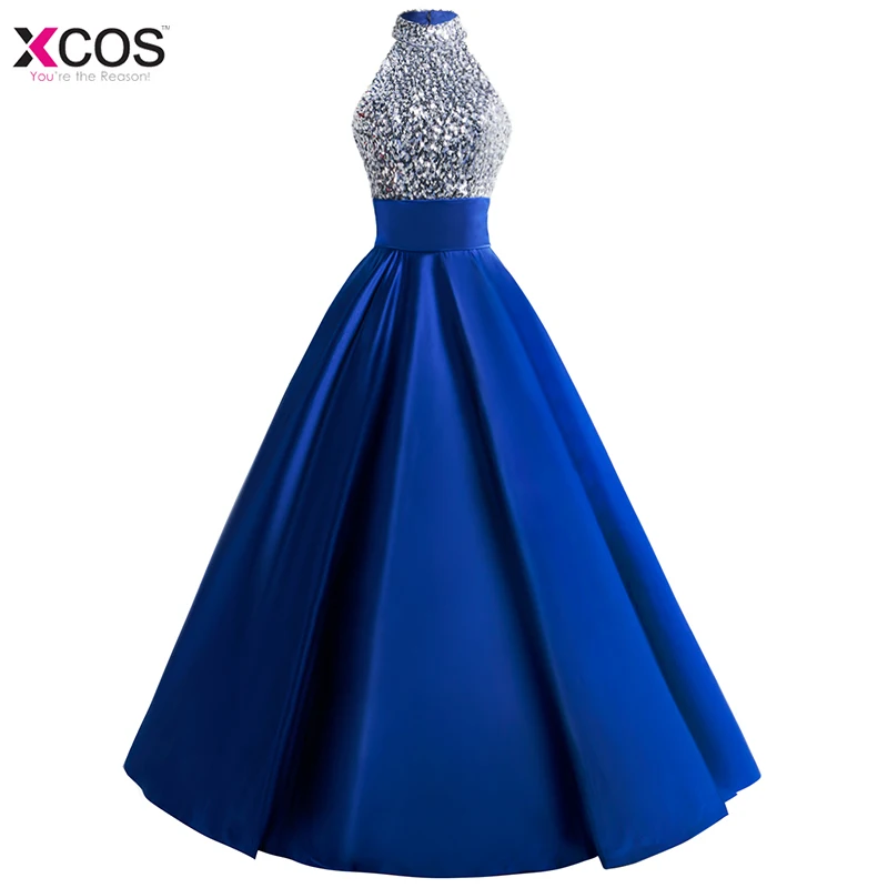 

Vestido de festa Formal Halter Crystal Beaded Evening Dresses Long 2018 Satin Keyhole Back Party Ball Gown Prom Evening Dress
