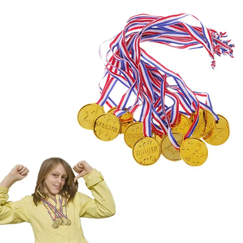 

12 PCS Plastic Winner Gold Medal Award Reward Encourage School Supplies Outdoor Games Kids Games Toy For Children Photo Props