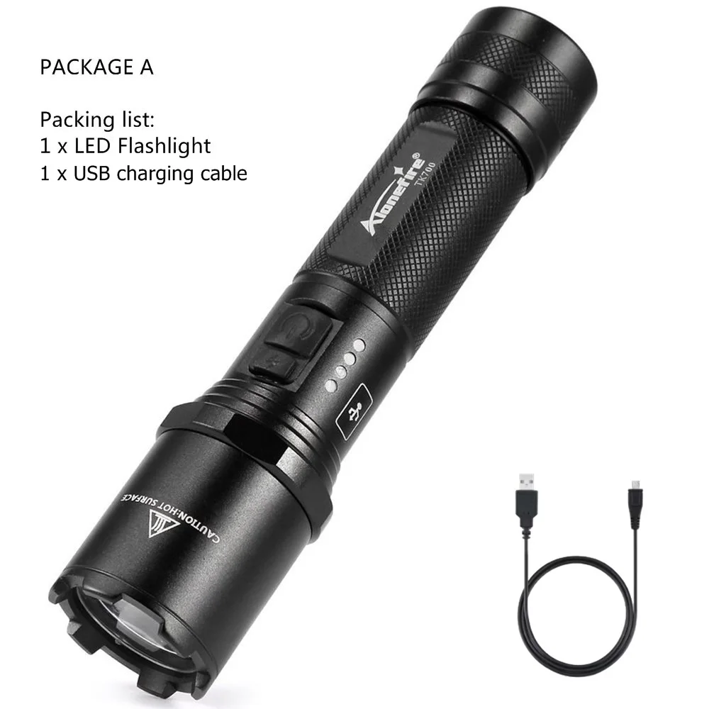 AloneFire TK700 CREE L2 светодиодный светильник с зарядкой от USB, тактический фонарь, мигающий фонарь для самообороны, полицейский рабочий светильник 18650 - Испускаемый цвет: PACKAGE A