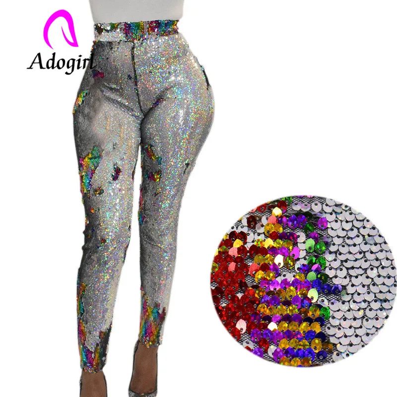 

Adogirl discolor sequined long pants sequin embroidery skinny pencil pants colorful patchwork denim fashion trousers