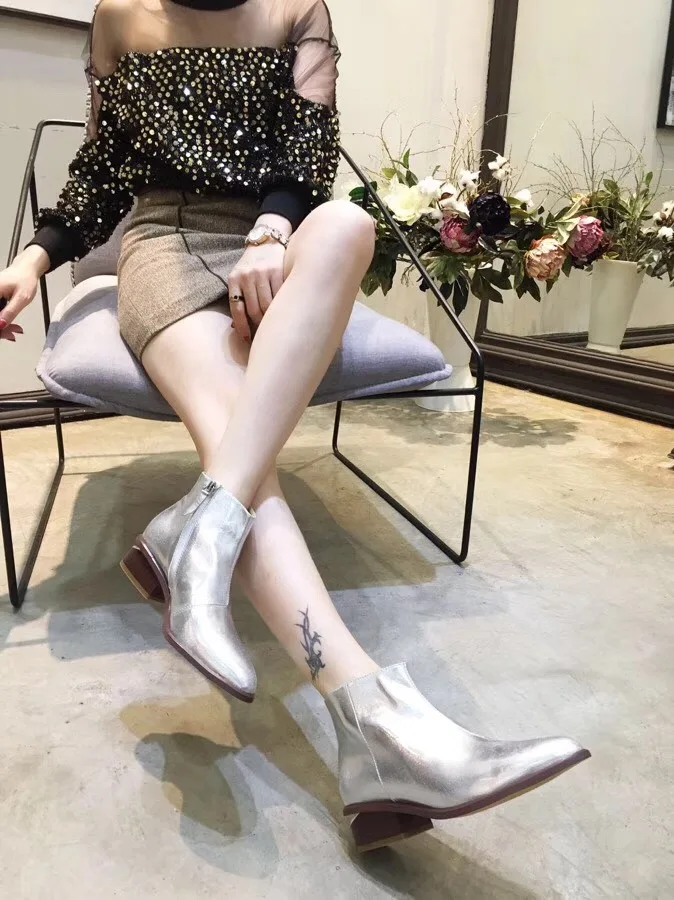 Mode De Gris En Catwalk Casual Femmes Cuir À Automne argent Bottes Cheville Pointu Bas Talons Chaussons Argent 2018 Chelsea tAqw8Fx