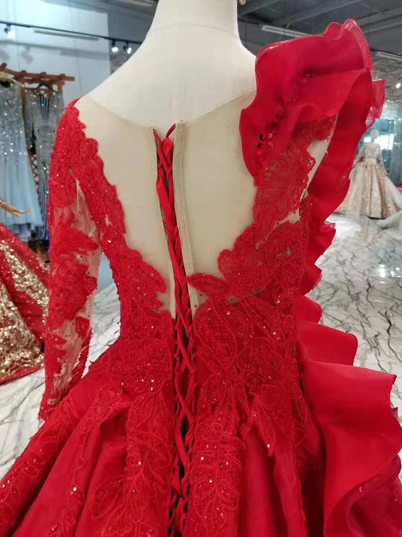 LSS384 специальные свадебные вечерние платья Красный Иллюзия О-образным вырезом атласное платье для выпускного вечера кисточки поезд платье