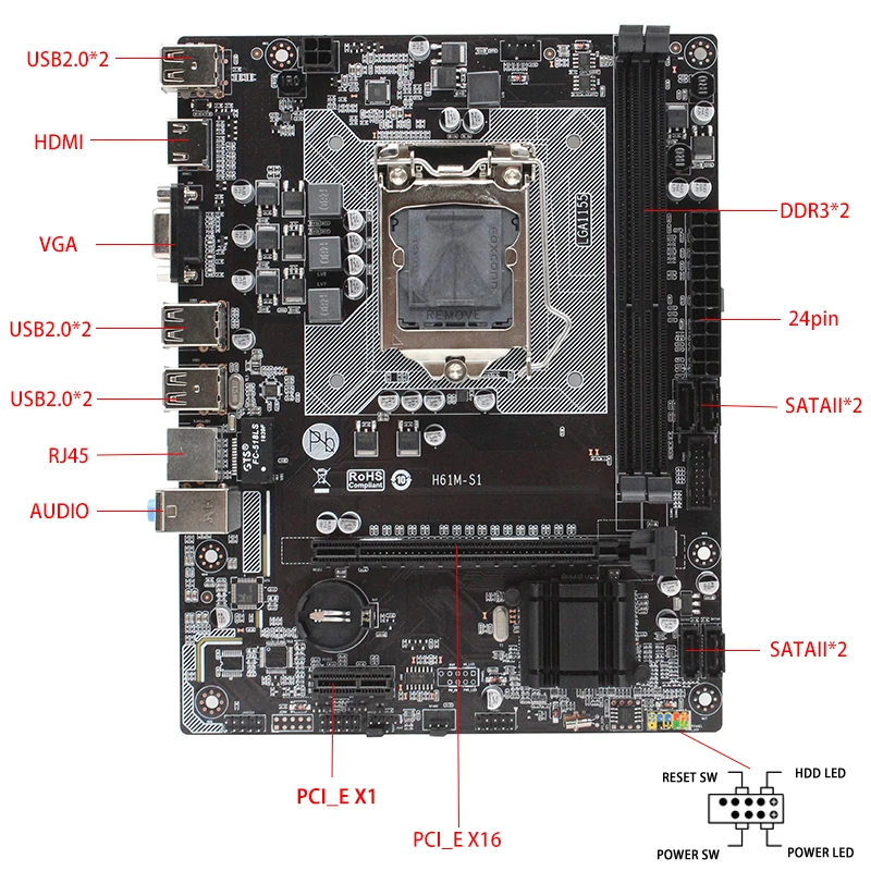LGA 1155 H61 Socket материнская плата двухканальная память DDR3 Micro-ATX интегрированная графическая Поддержка Intel i3 i5 i7 H61M-S1 материнская плата
