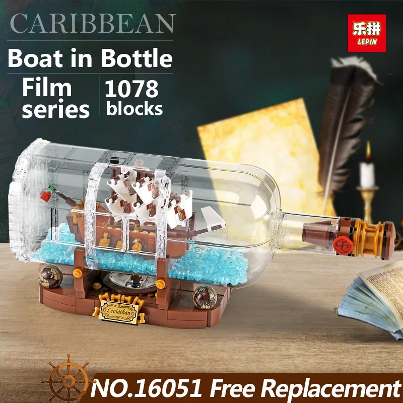 

Lepin16051 creative bottle in the boat Creative Pirates Caribbean Ship Pirates Series Building Blocks Bricks Kits education Toy