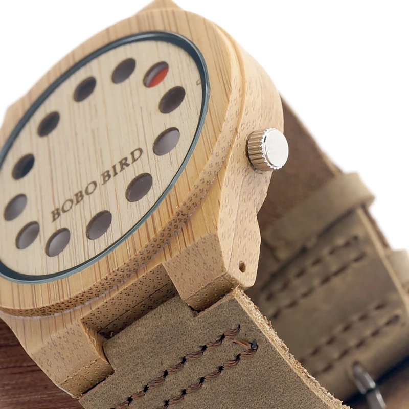 BOBO BIRD V-A04 Light Eco-friendly 12 Holes Design Wooden Watches Men Leather Quartz Watch Special Hands Bracelet