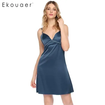 

Ekouaer Elegant Nightgown Women Sexy Spaghetti Straps Nightdress Contrast Color V-Neck Backless Sleepwear Female Night Dress