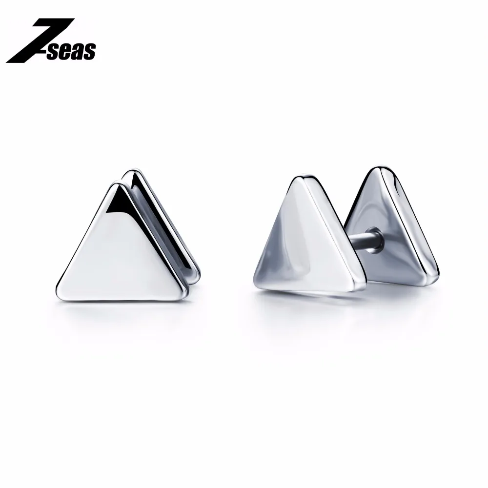 Men's Triangle Stud Earrings - Stainless Steel, Screw Back, Polished & Satin Finish, 2pcs - View #6
