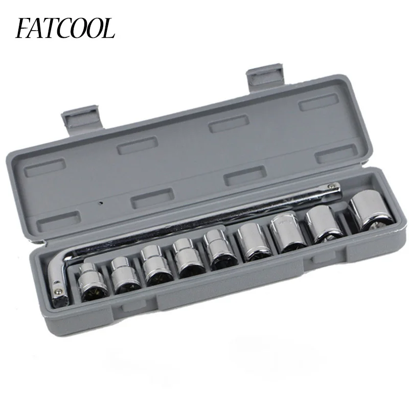 

10 Pcs/Set 1 Carbon Steel Socket Wrench + 9 Socket Combination Repairing Kit For Car Auto Motorcycle Sleeve Hand Tool