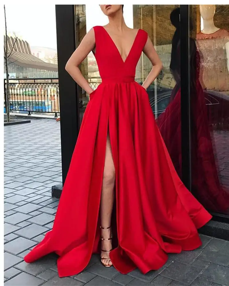 Elegant Satin V neck Long Evening Party Dresses with Slit Women Formal Prom Dress with Straps 2019