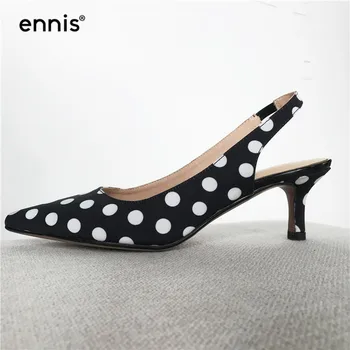 

ENNIS 2019 Designer Pumps Pointed Toe Black Polka Dot Shoes Grid Slingbacks Pumps Med Heels Ladies Casual Shoes Fashion New P931