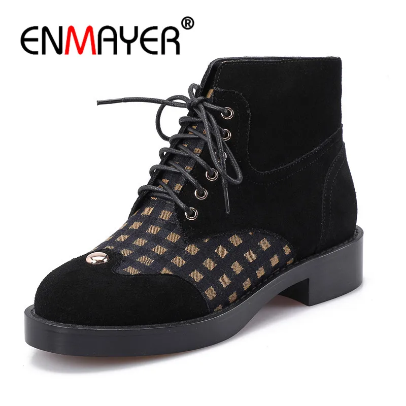 

ENMAYER Woman Ankle Boots Lace Up Martens Boots Size 34-39 Autumn Winter Cow Leather Shoes women Basic boots Metal Rivets CR1120