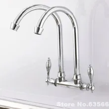 Настенный двойной трубки Кухня поворотный сосуд Раковина Нажмите двойная ручка современный кран латунный Chrome клапан аксессуары Водостоки