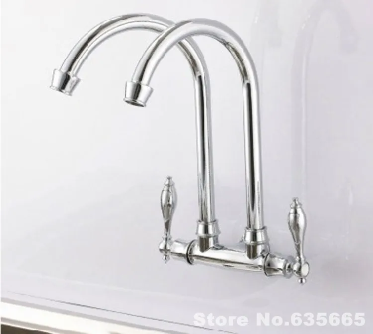 Wall Mounted Double Tube Kitchen Swivel Vessel Sink Tap Double Handle