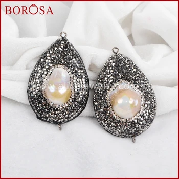 

BOROSA Drop Rhinestone Pave Natural Pearl Snakeskin Back Connector Double Bails Pendant for Necklace DIY Jewelry JAB565