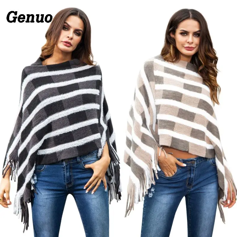 Genuo Women's Ponchos Capes Winter Knit Sweater With Tassel 2018 Autumn Crop Top Pullover Femme Oversized Sweaters Jumpers Genuo Women's Ponchos Capes Winter Knit Sweater With Tassel 2018 Autumn Crop Top Pullover Femme Oversized Sweaters Jumpers