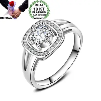 

OMHXZJ Wholesale Personality Fashion OL Woman Girl Party Wedding Gift White Luxury Square AAA Zircon 18KT White Gold Ring RN87