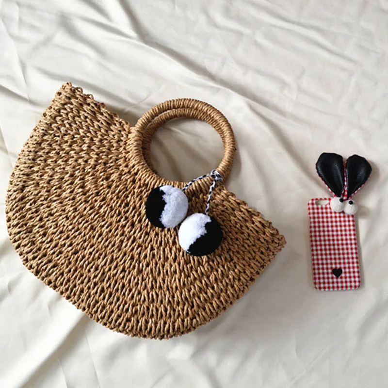 

BEAU-Summer Handmade Bags Women Pompon Beach Weaving Ladies Straw Bag Wrapped Beach Bag Moon Shaped Bag