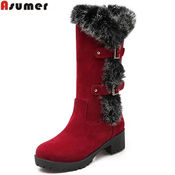 

Asumer flock buckle winter new arrive women boots black wine red Army green mid calf boots med heel platform big size 34-43