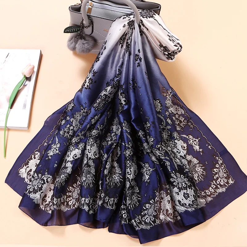 

New lace gradient scarf mesh flower vine high-end fashion simulation silk sunscreen silk scarf shawl female