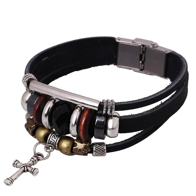 

European and American Creative Vintage Alloy Cross Pendant Beaded Bracelet Women Men's Fashion Personality Jewelry Accessories