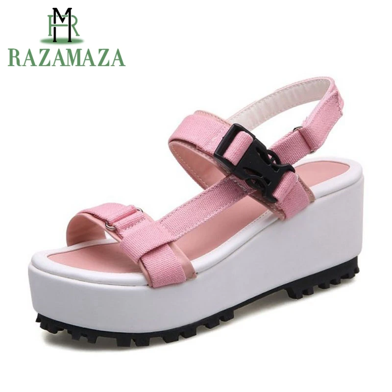 

RAZAMAZA Women Canvas Sandals Casual Chunky Heels Shoes Women 2019 New Summer Buckle Vacation Platform Footwear Size 33-43