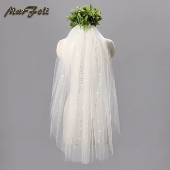

graceful Cheap Short Wedding Veils 0.9 meter Two Layers With Comb White Ivory Beaded Sequins Bridal Veils Wedding Accessories V5