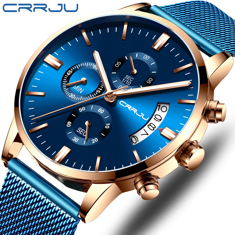 Relogio Masculino новые CRRJU модные мужские часы Роскошные Топ брендовые деловые синие